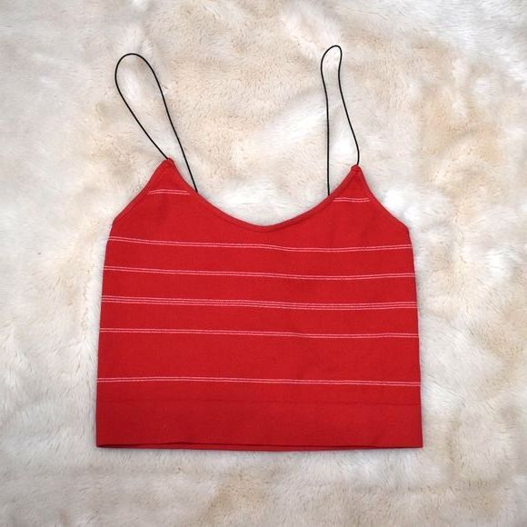 Womens Seamless Red and White Striped Spaghetti String Cropped Tank Top - Picture 8 of 11